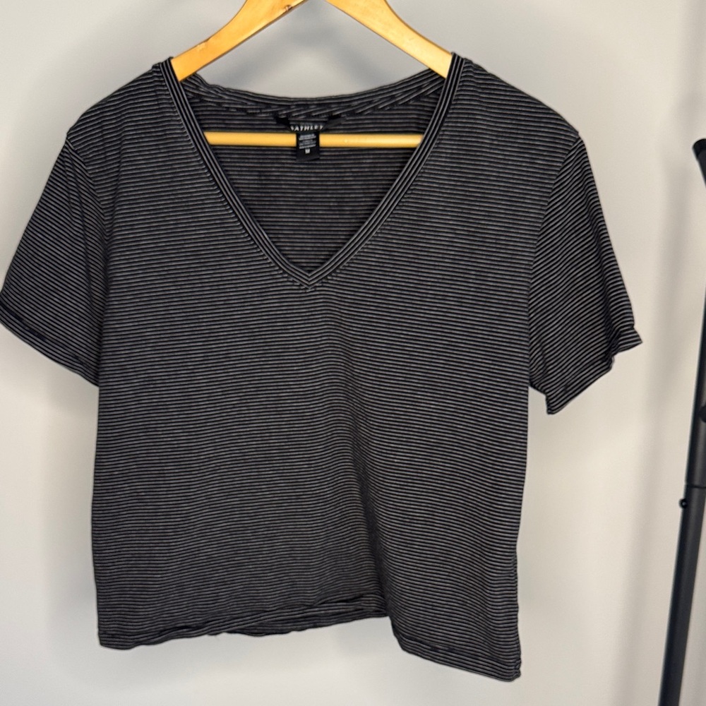 Athleta Black and Gray Striped V-Neck Tee